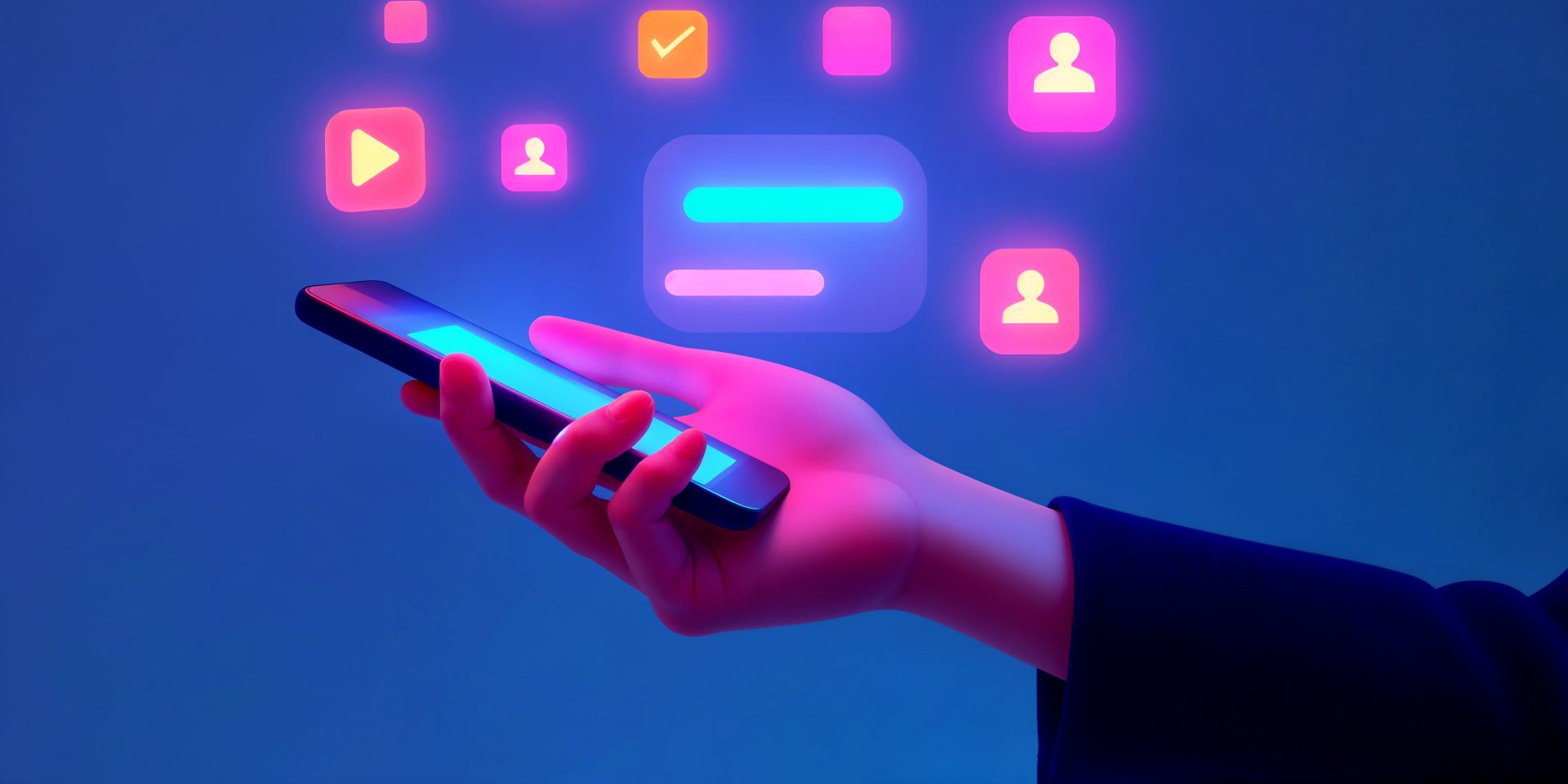 Image générée par IA qui représente la main d'un homme qui tient un téléphone avec des applications.